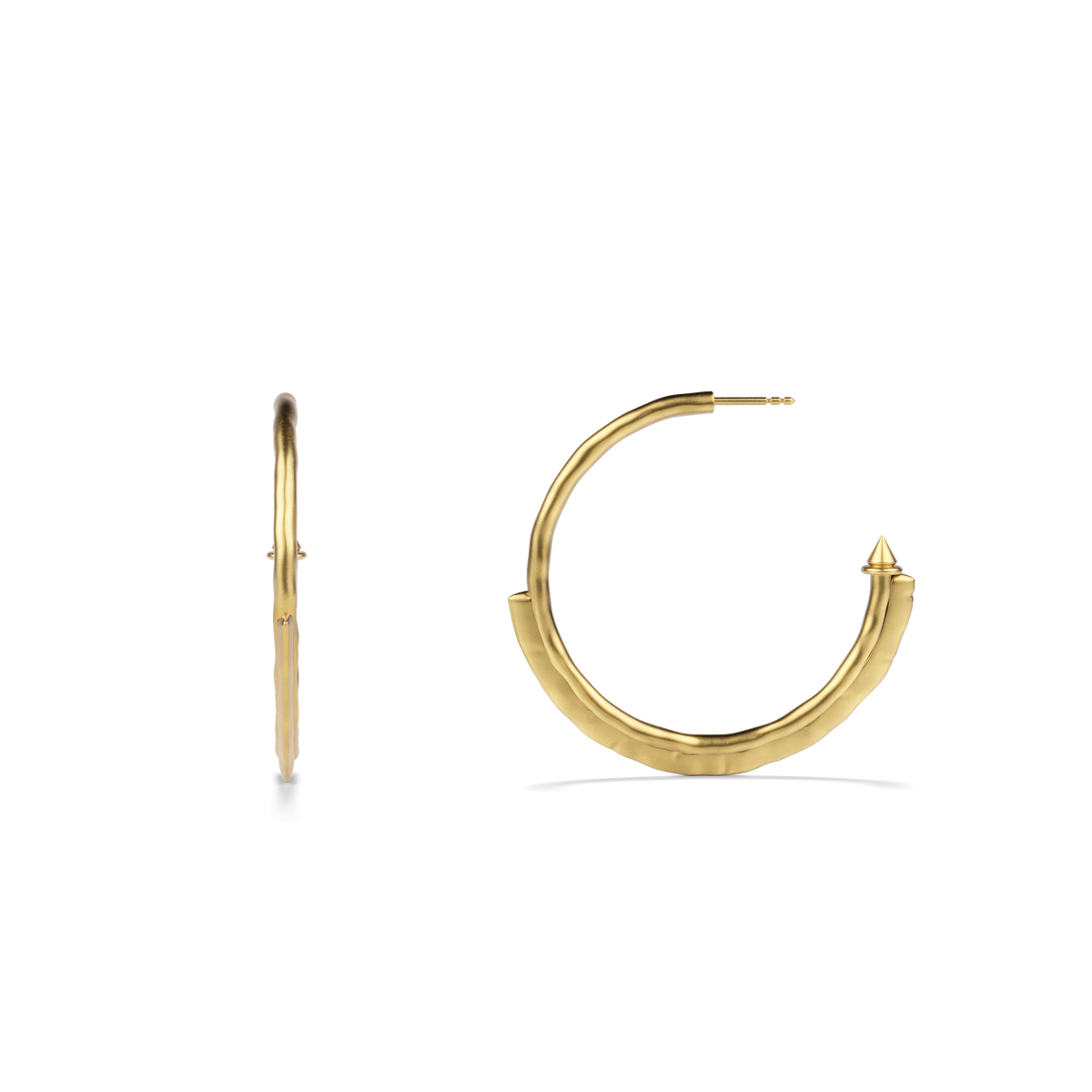 Side profile of the Harlow Arch Hoop Earrings in 14k gold plate, showing the post and the pointed stud end