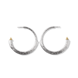 Harlow Arch Hoop Earrings in sterling silver, open hoops with a hammered arch and a pointed stud end