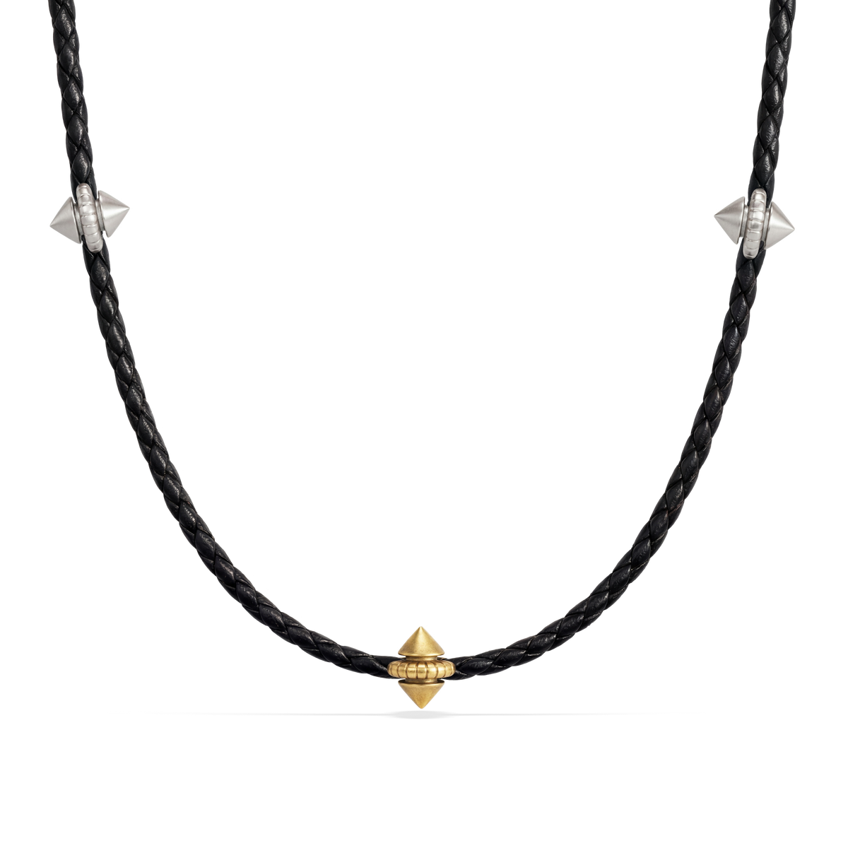 Harlow Stud Leather Necklace, a black braided leather cord with a gold signature stud and silver studs, front view