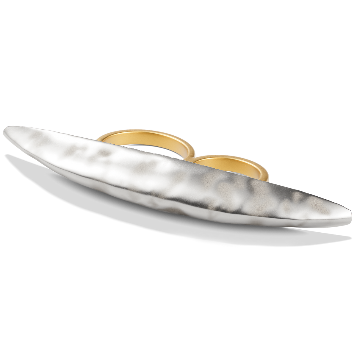 Close-up of the hammered silver arch on the Harlow Arch Cross Finger Ring
