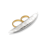 Harlow Arch Cross Finger Ring at a three-quarter angle, showing the hammered arch and double gold bands