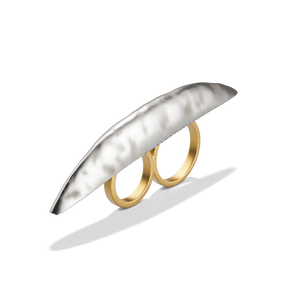 Harlow Arch Cross Finger Ring from an upright three-quarter angle