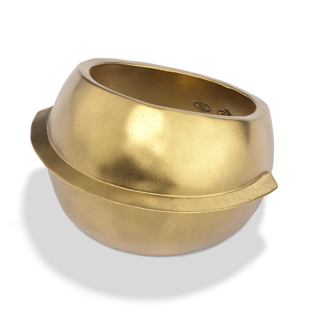 Close-up of the Harlow Arch Ring in 14k gold plate, showing the arch band and hallmark