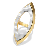 Close-up of the Harlow Open Arch Ring, the hammered silver face and serrated gold edge
