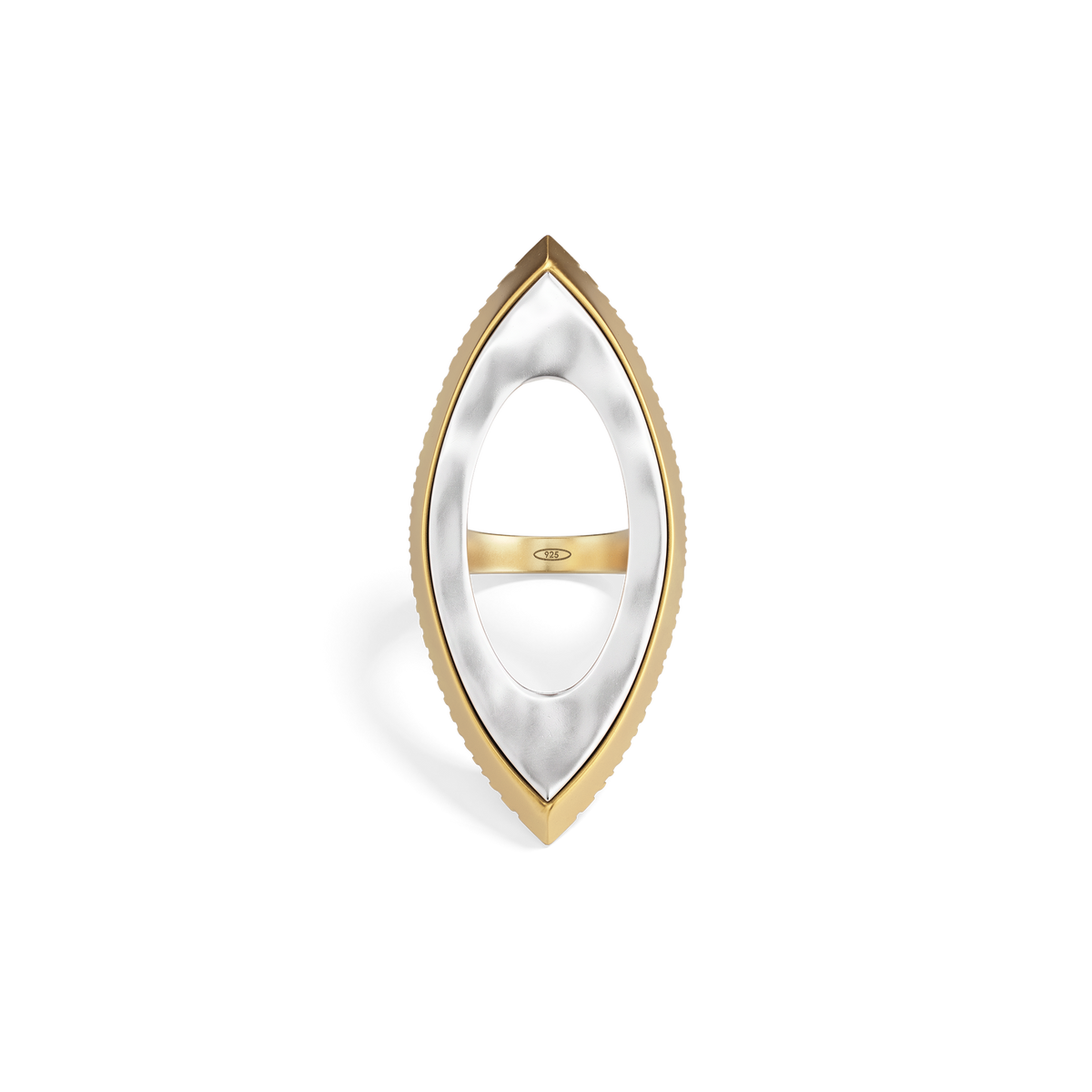 Harlow Open Arch Ring shown front on, an open marquise arch in sterling silver edged in 14k gold plate