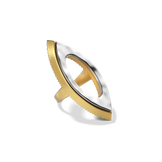 Harlow Open Arch Ring at a three-quarter angle, showing the gold edge and hammered silver face