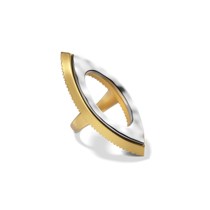 Harlow Open Arch Ring at a three-quarter angle, showing the gold edge and hammered silver face
