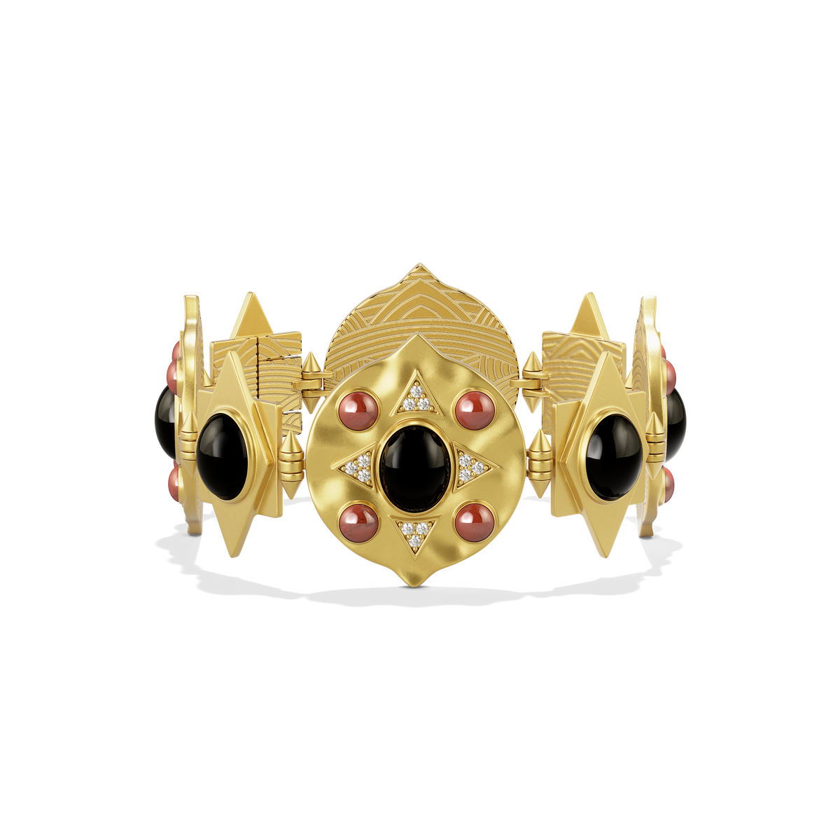 Hathor Hinged Bracelet shown front on, gold links set with black onyx and red jasper cabochons