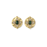 Hathor Stud Earrings in malachite, gold shield studs with a malachite cabochon centre and white stone points