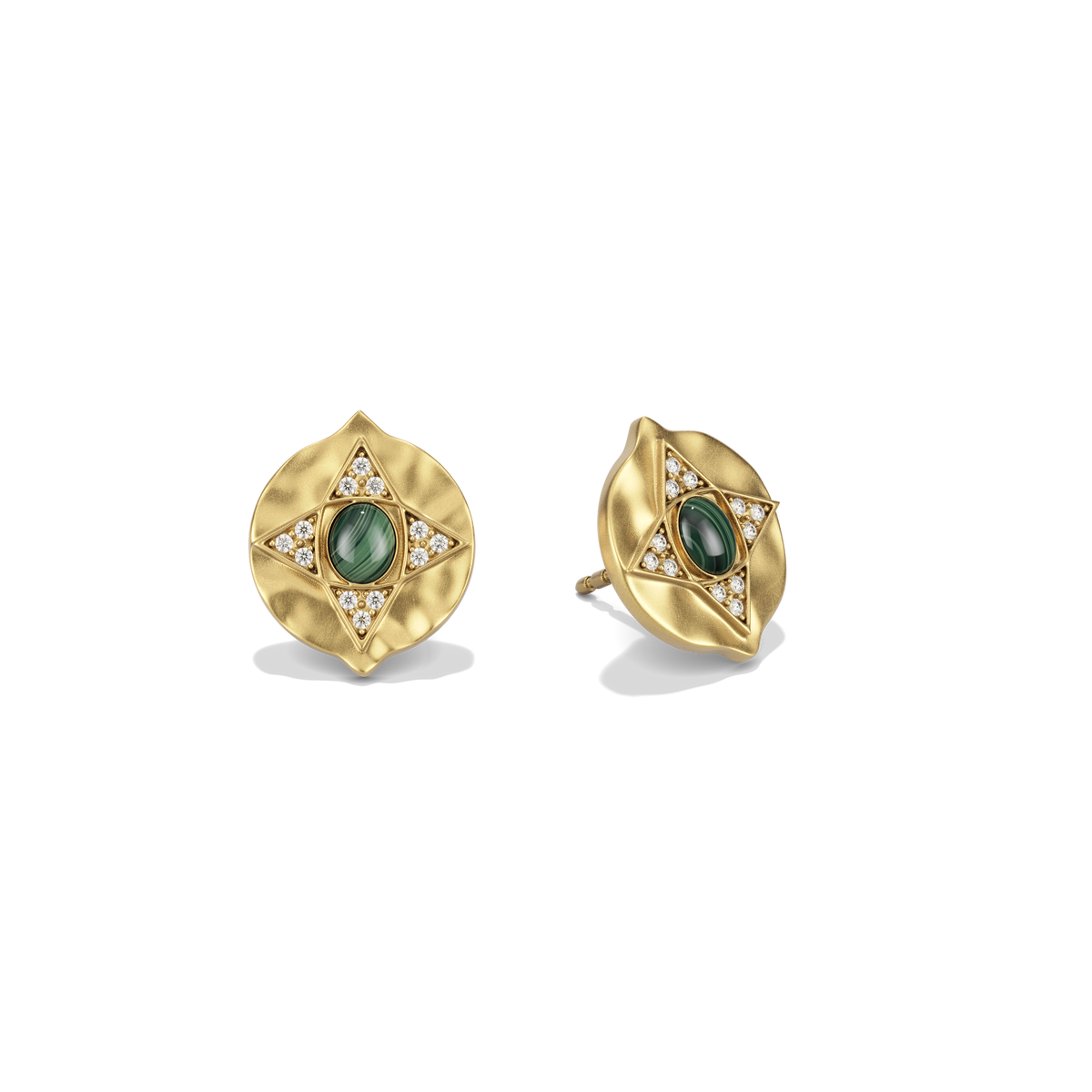 Hathor Stud Earrings in malachite at a three-quarter angle, showing the raised gold shield #color_Malachite