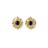 Hathor Stud Earrings in black onyx, gold shield studs with a black onyx cabochon centre and white stone points