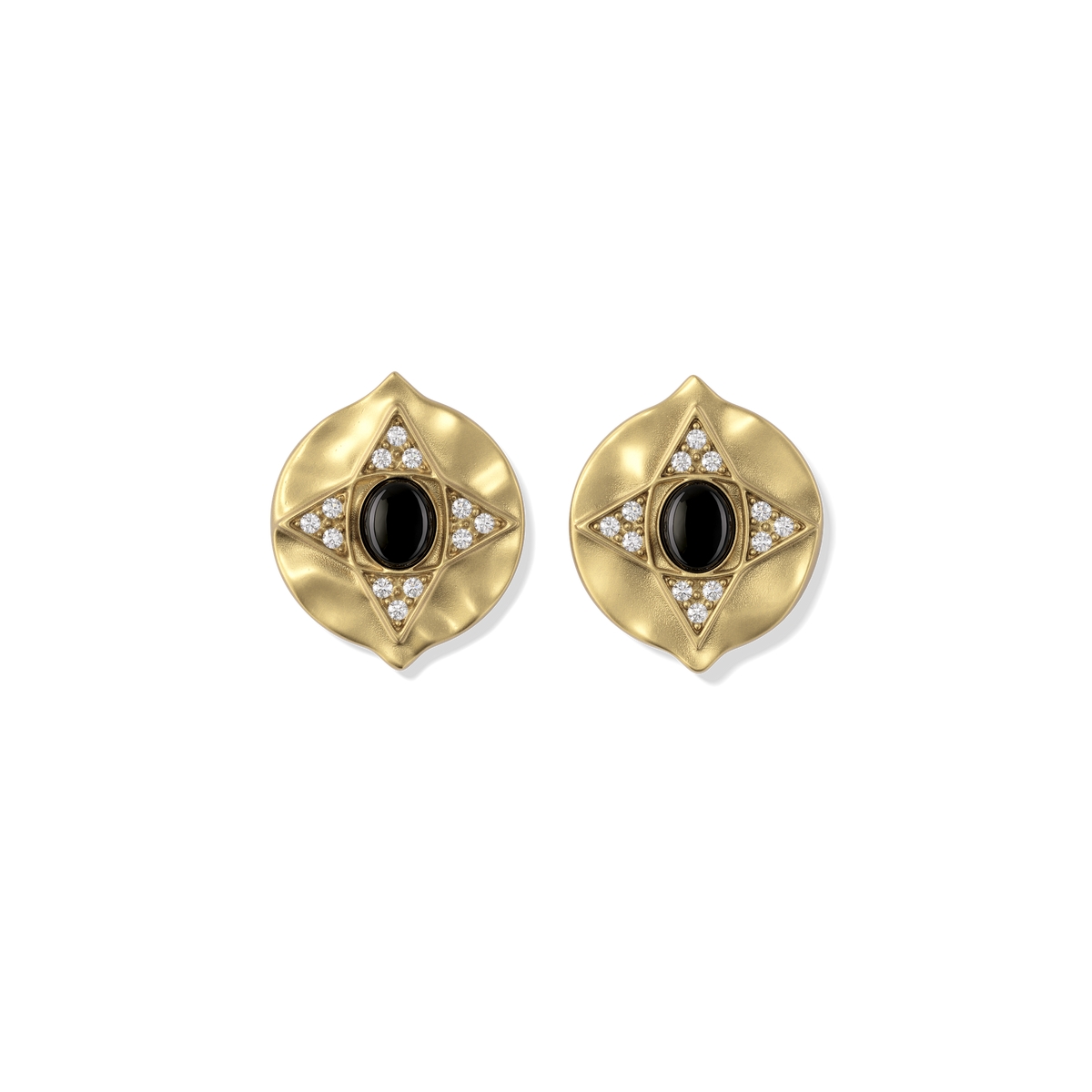 Hathor Stud Earrings in black onyx, gold shield studs with a black onyx cabochon centre and white stone points