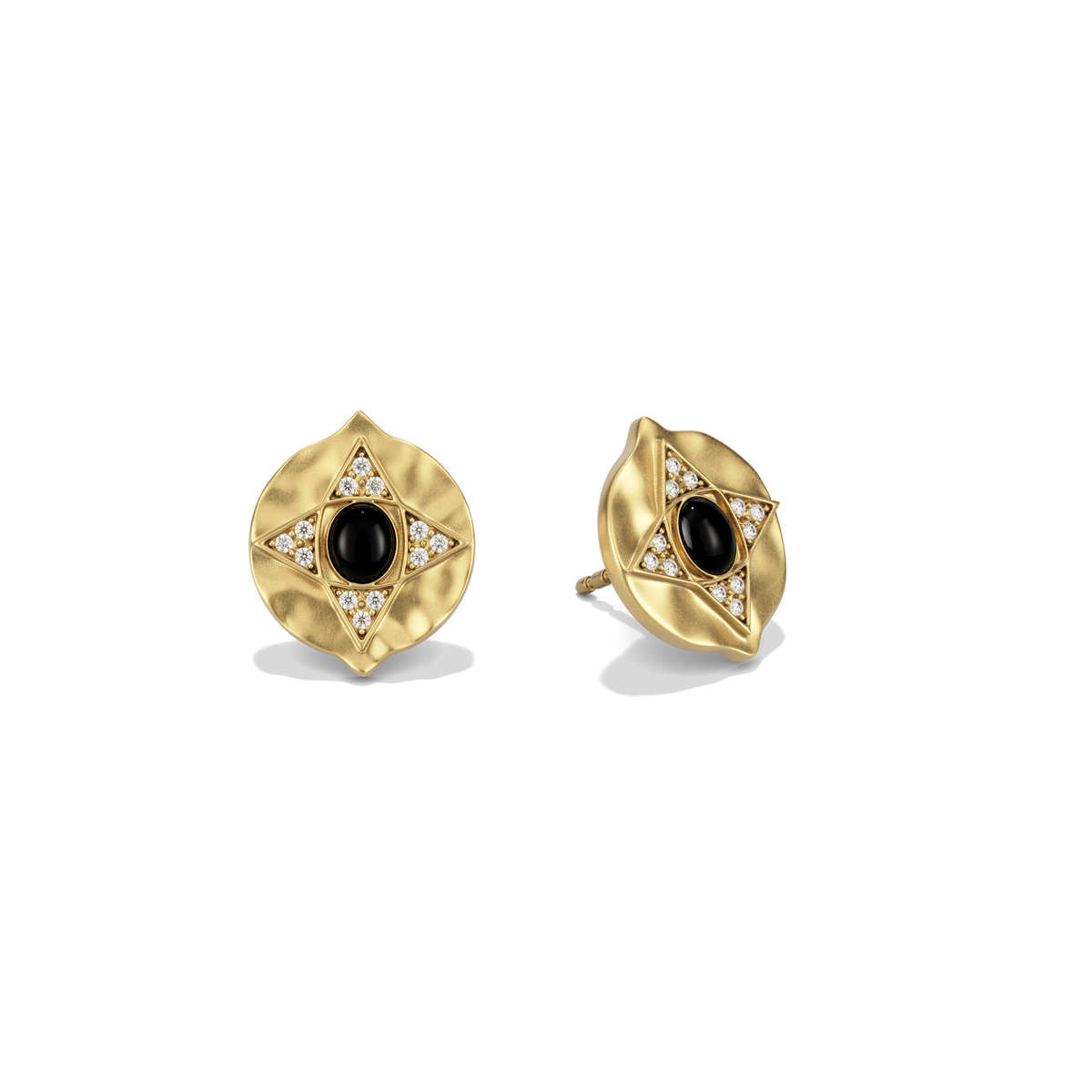 Hathor Stud Earrings in black onyx at a three-quarter angle, showing the raised gold shield