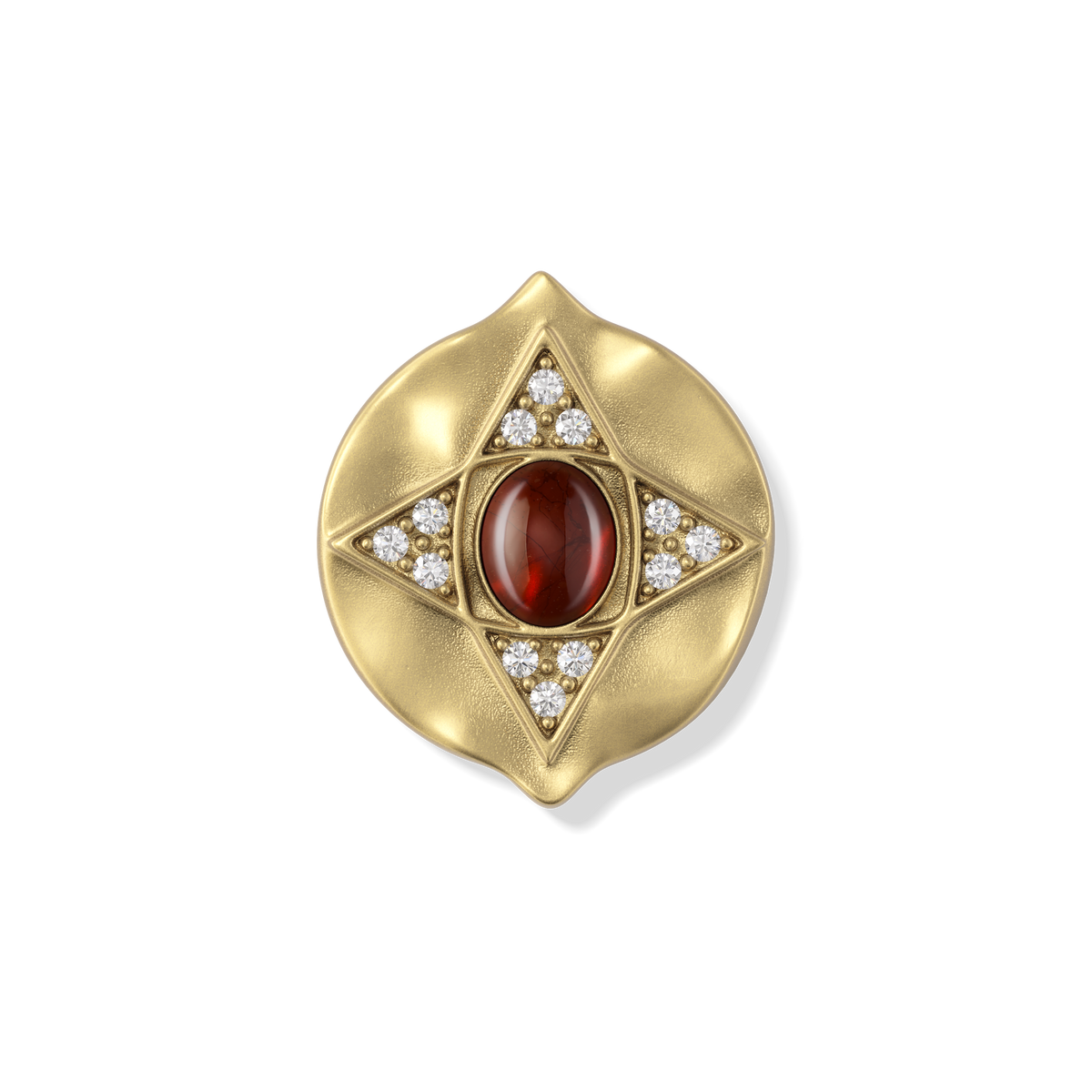 Close-up of the red jasper cabochon and white stone points on the Hathor Stud Earrings