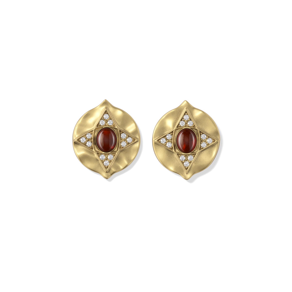 Hathor Stud Earrings in red jasper, gold shield studs with a red jasper cabochon centre and white stone points