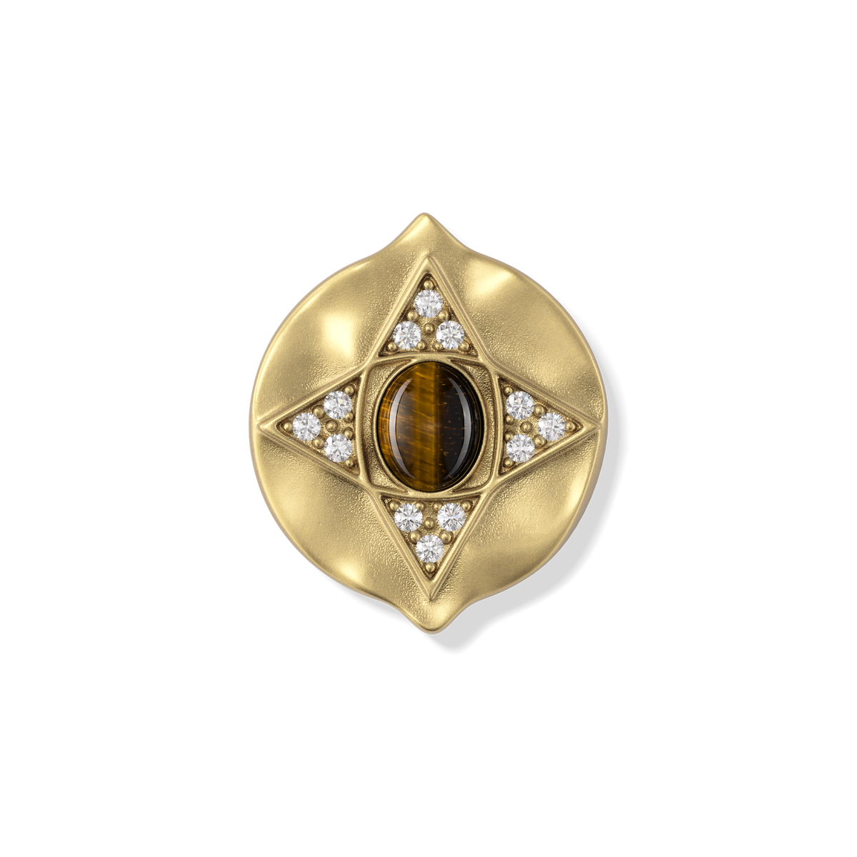 Close-up of the tiger's eye cabochon and white stone points on the Hathor Stud Earrings