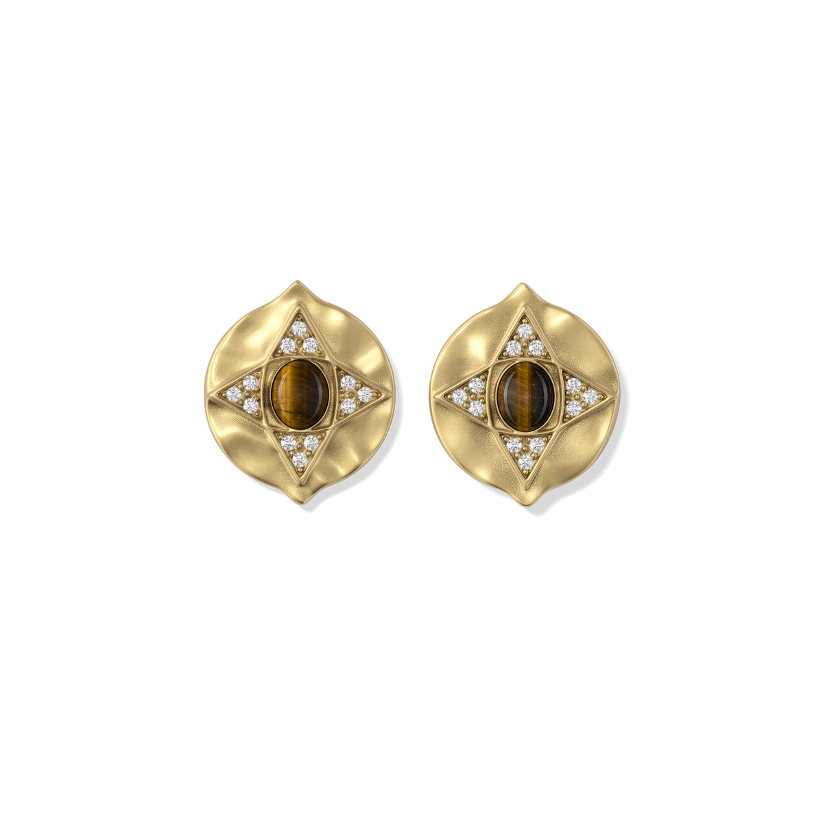 Hathor Stud Earrings in tiger's eye, gold shield studs with a tiger's eye cabochon centre and white stone points