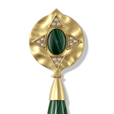Close-up of the malachite drop and gold shield setting on the Hathor Teardrop Earrings
