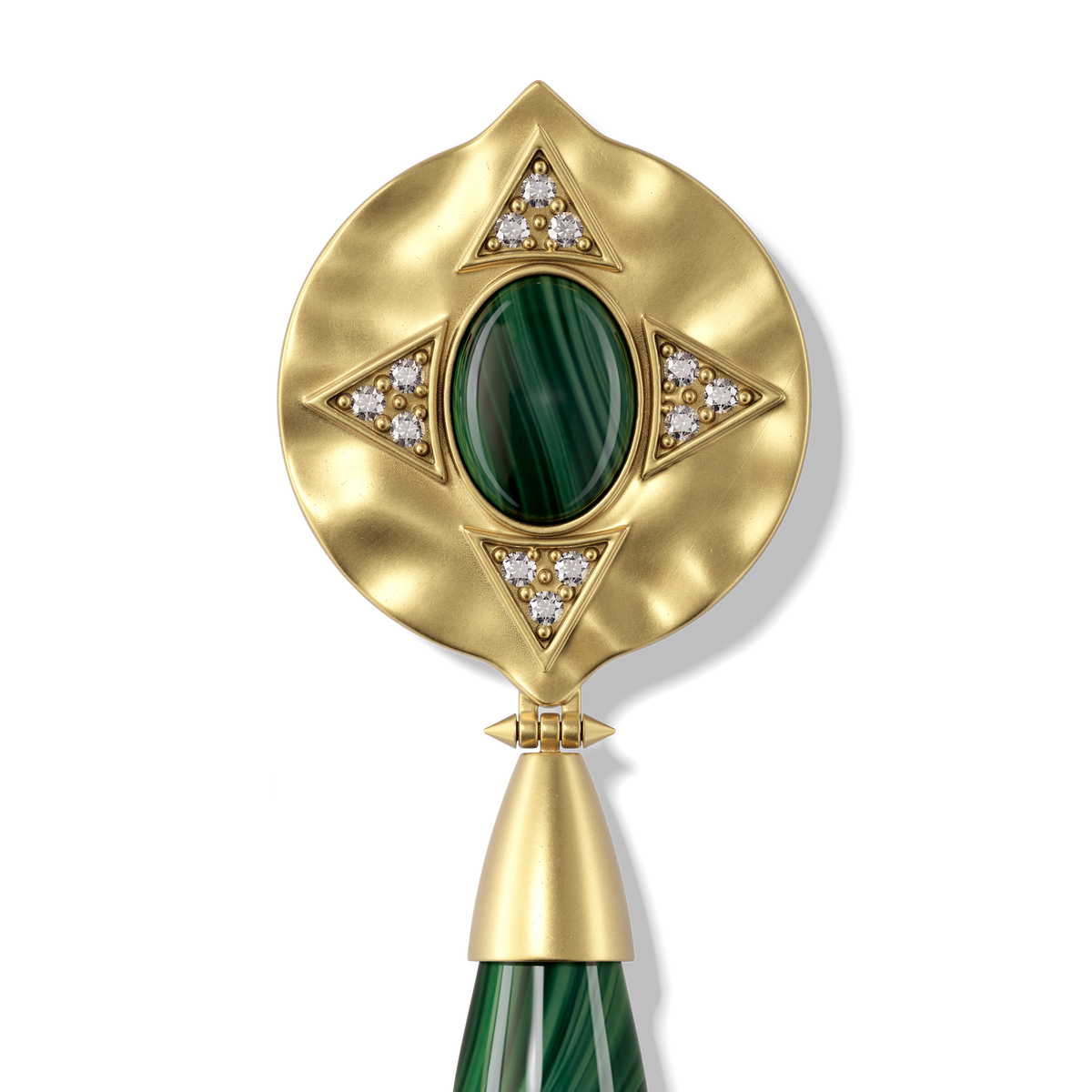 Close-up of the malachite drop and gold shield setting on the Hathor Teardrop Earrings