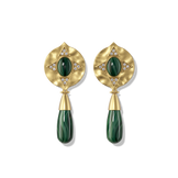 Hathor Teardrop Earrings in malachite, gold shield tops above malachite teardrop drops