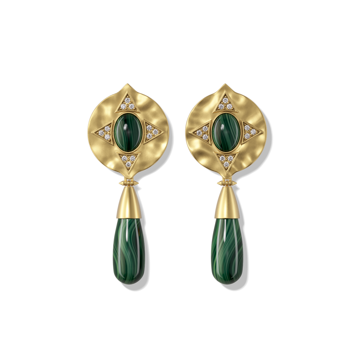 Hathor Teardrop Earrings in malachite, gold shield tops above malachite teardrop drops