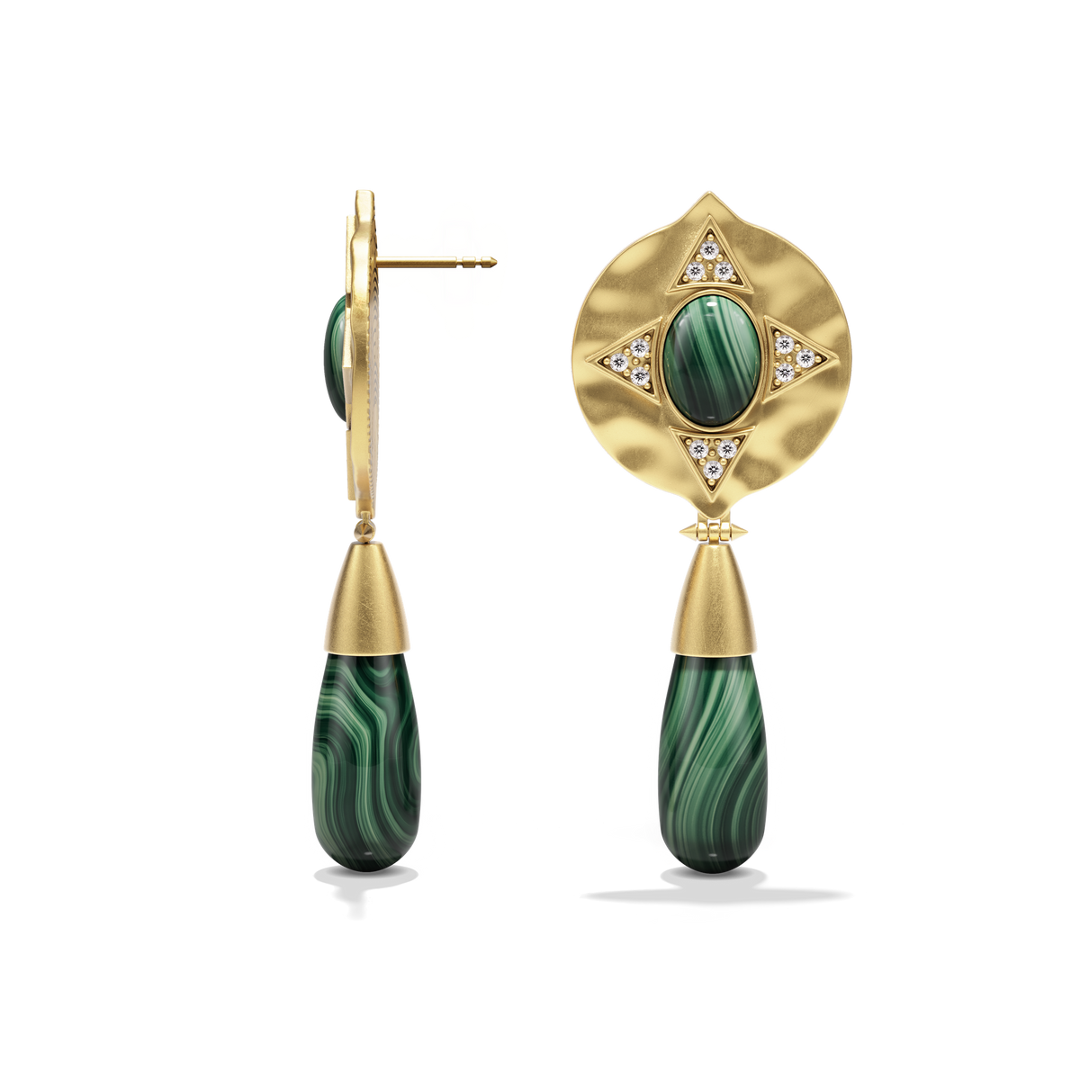 Side profile of the Hathor Teardrop Earrings in malachite, showing the post and drop
