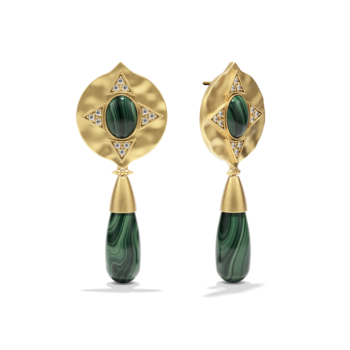 Hathor Teardrop Earrings in malachite at a three-quarter angle