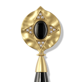 Close-up of the black onyx drop and gold shield setting on the Hathor Teardrop Earrings