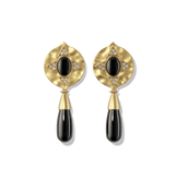 Hathor Teardrop Earrings in black onyx, gold shield tops above black onyx teardrop drops