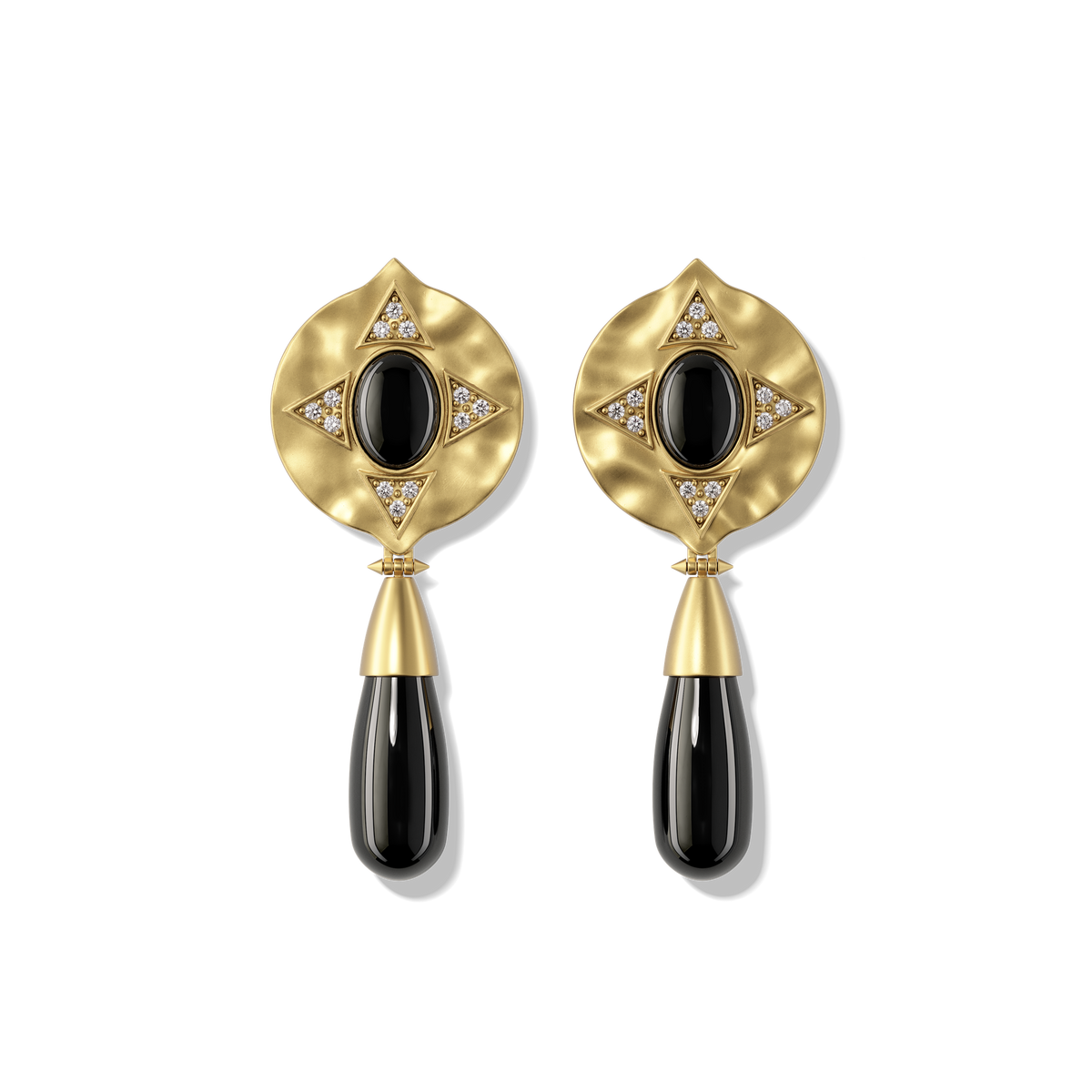 Hathor Teardrop Earrings in black onyx, gold shield tops above black onyx teardrop drops