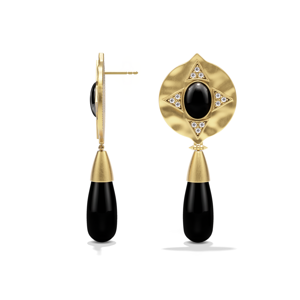 Side profile of the Hathor Teardrop Earrings in black onyx, showing the post and drop