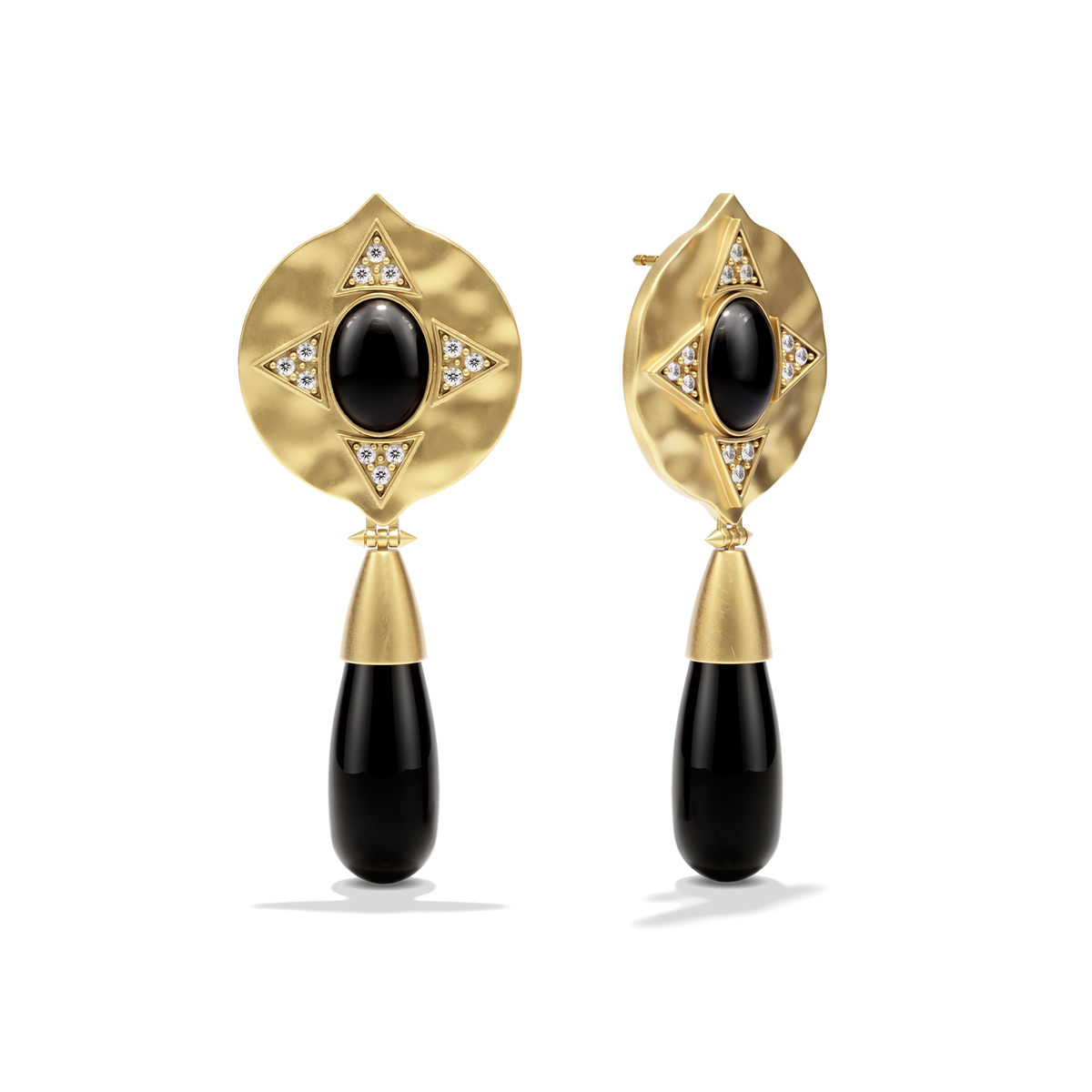 Hathor Teardrop Earrings in black onyx at a three-quarter angle #color_Black Onyx