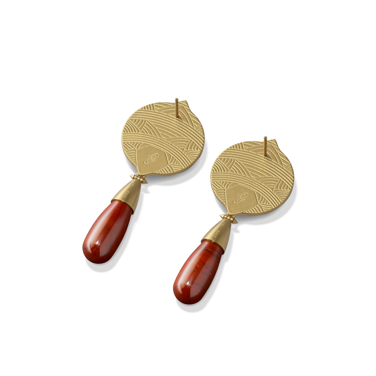 Reverse of the Hathor Teardrop Earrings in red jasper, showing the gold back and post