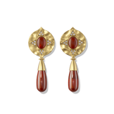 Hathor Teardrop Earrings in red jasper, gold shield tops above red jasper teardrop drops