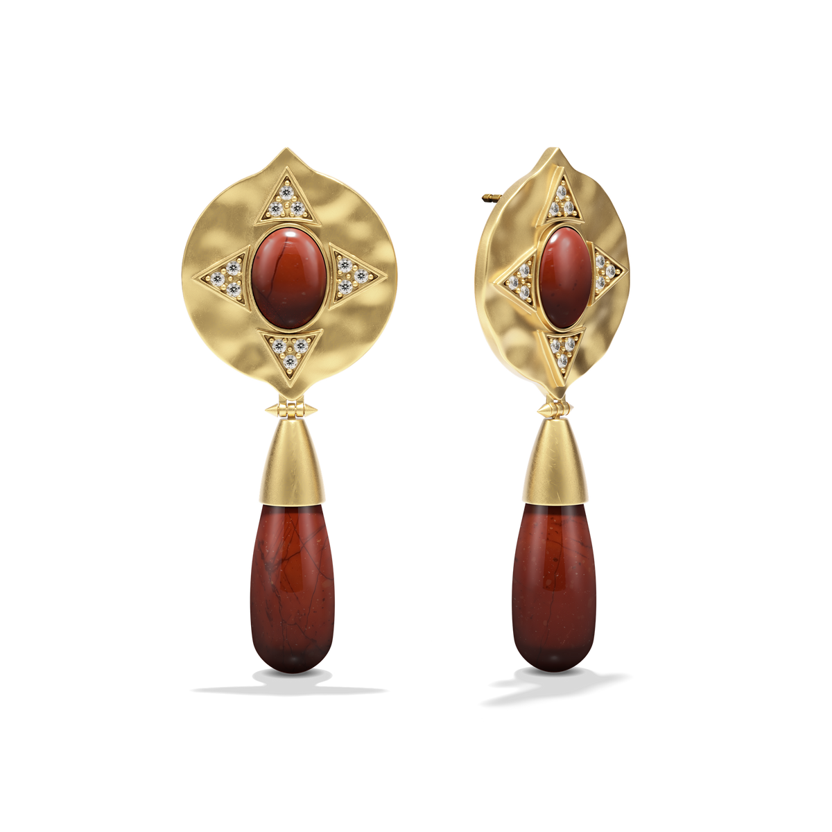Hathor Teardrop Earrings in red jasper at a three-quarter angle