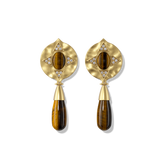 Hathor Teardrop Earrings in tiger's eye, gold shield tops above tiger's eye teardrop drops