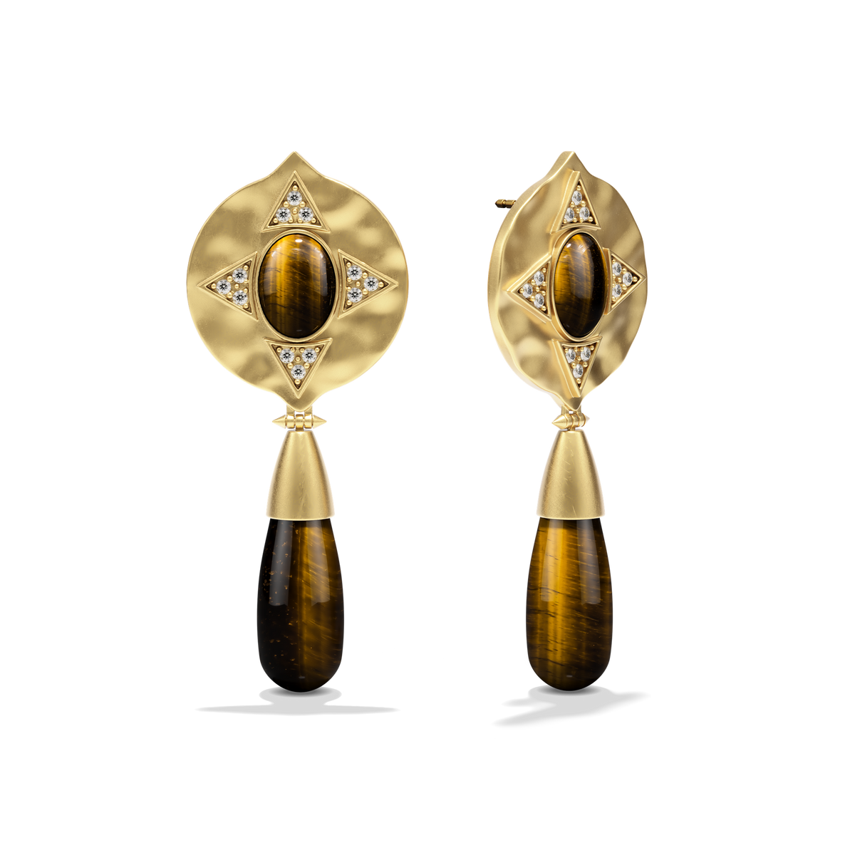 Hathor Teardrop Earrings in tiger's eye at a three-quarter angle
