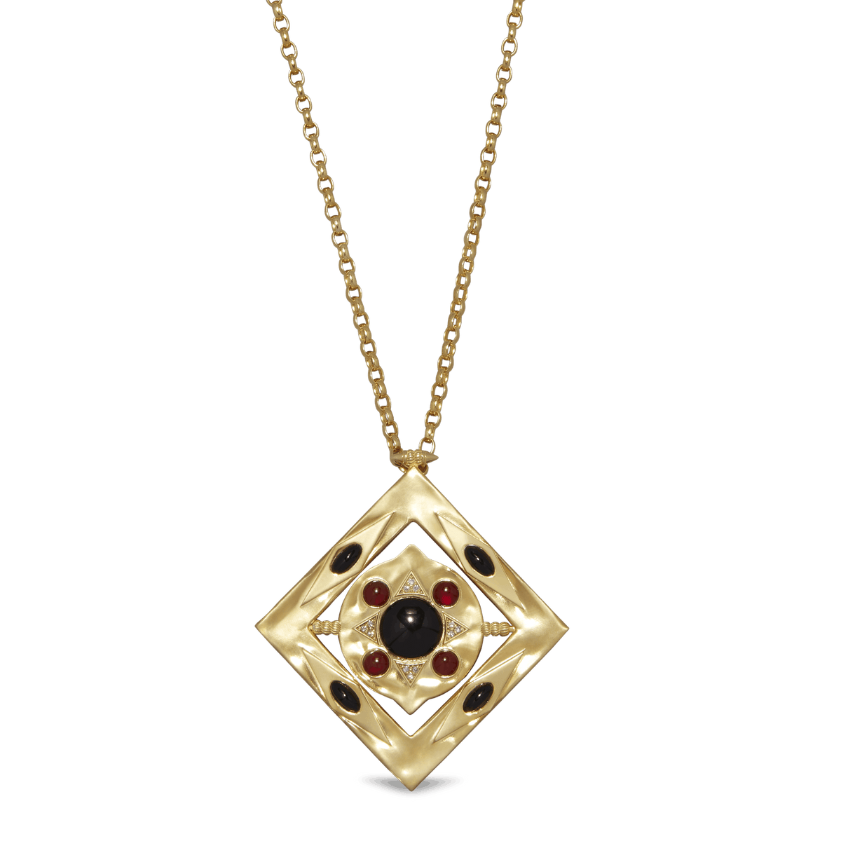 Hathor Spinning Pendant Necklace shown front on, a gold square frame set with a black onyx centre cabochon and red jasper stones