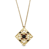 Hathor Spinning Pendant Necklace shown front on, a gold square frame set with a black onyx centre cabochon and red jasper stones
