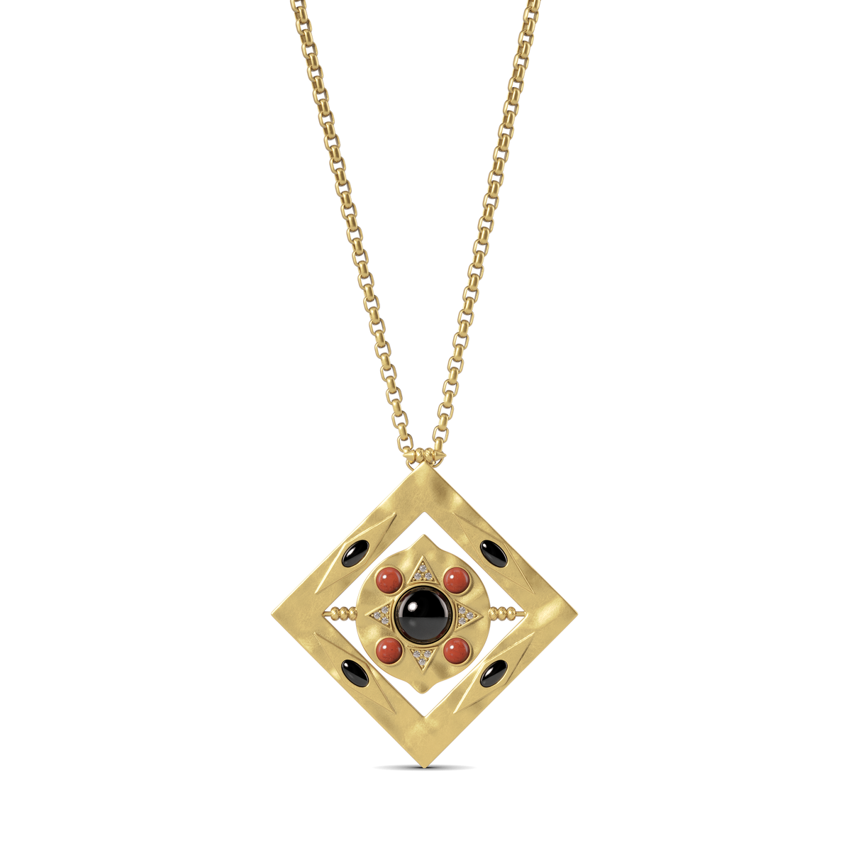 Hathor Spinning Pendant Necklace shown front on, a gold square frame set with a black onyx centre and red jasper stones on a gold chain