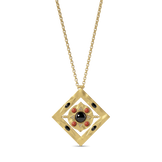 Hathor Spinning Pendant Necklace shown front on, a gold square frame set with a black onyx centre and red jasper stones on a gold chain