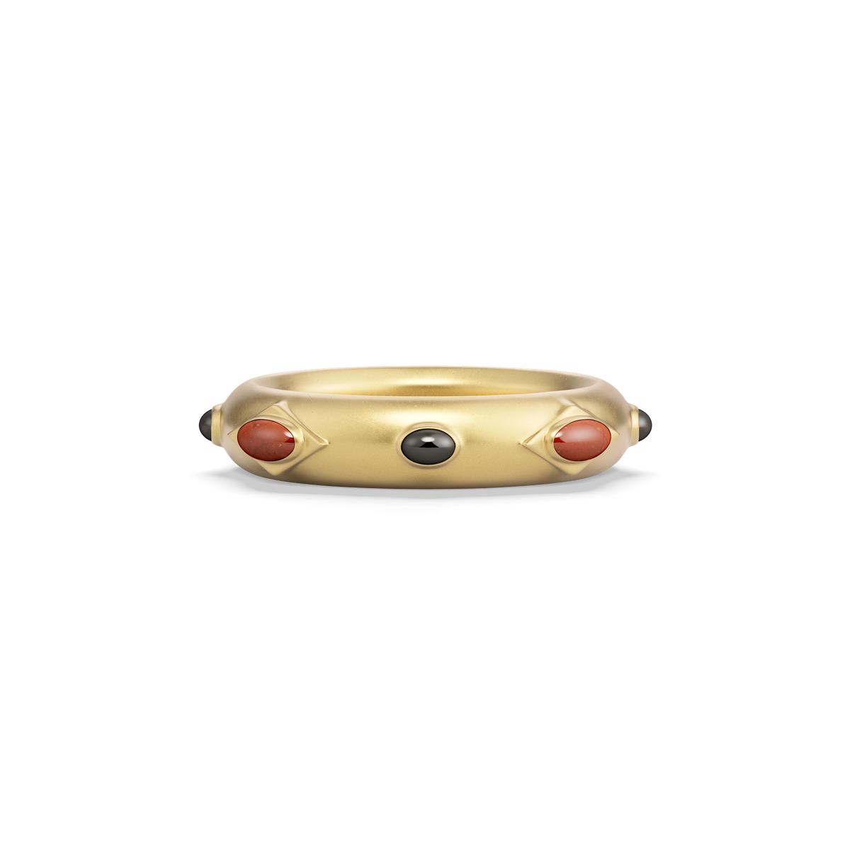 Hathor Band shown front on, a matte gold cigar band set with red jasper and black onyx cabochons