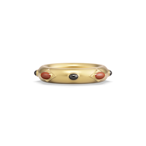 Hathor Band shown front on, a matte gold cigar band set with red jasper and black onyx cabochons