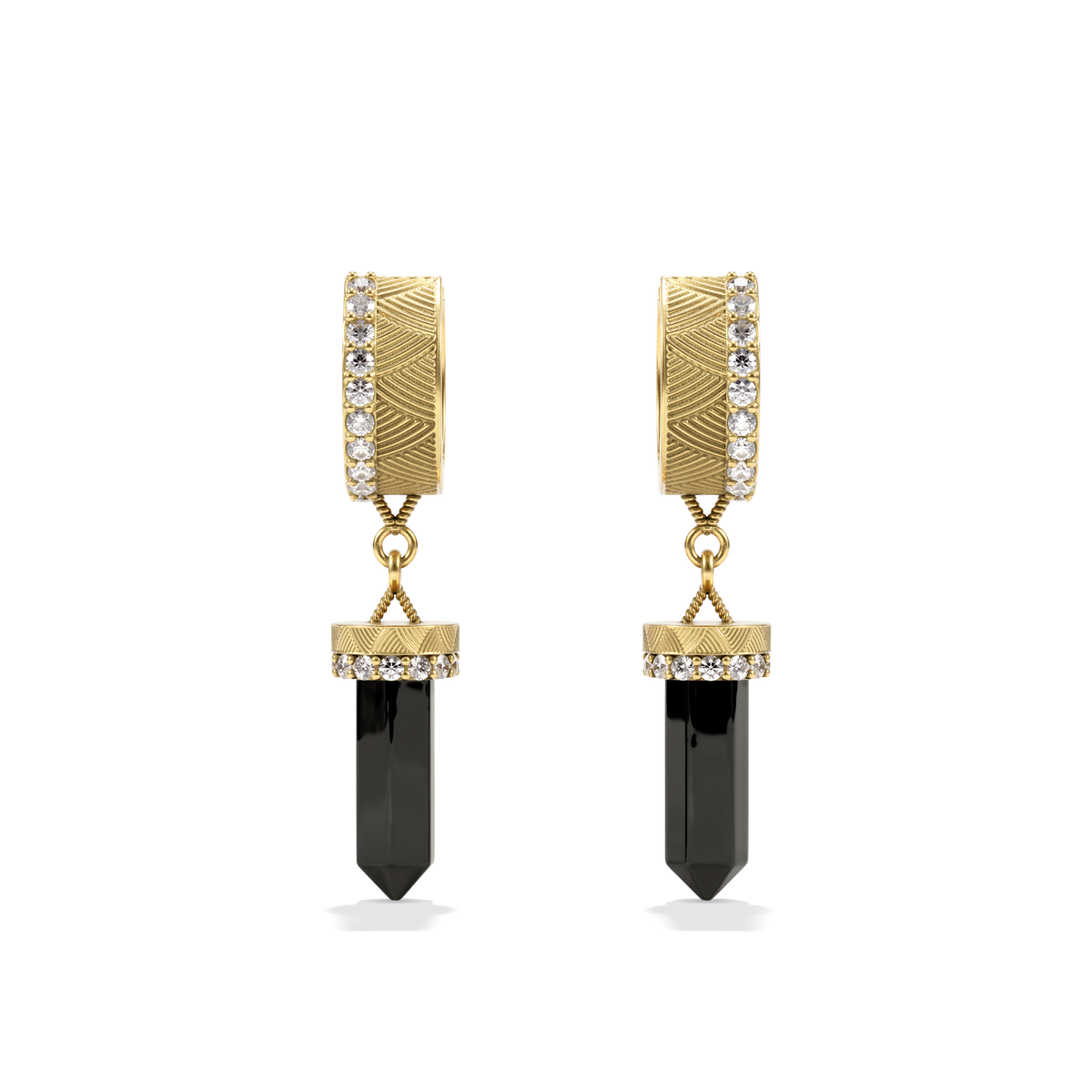 Nova Crystal Diamond Huggie Earrings in black onyx, pavé diamond huggie hoops with a black onyx crystal point drop, front view #color_Black Onyx
