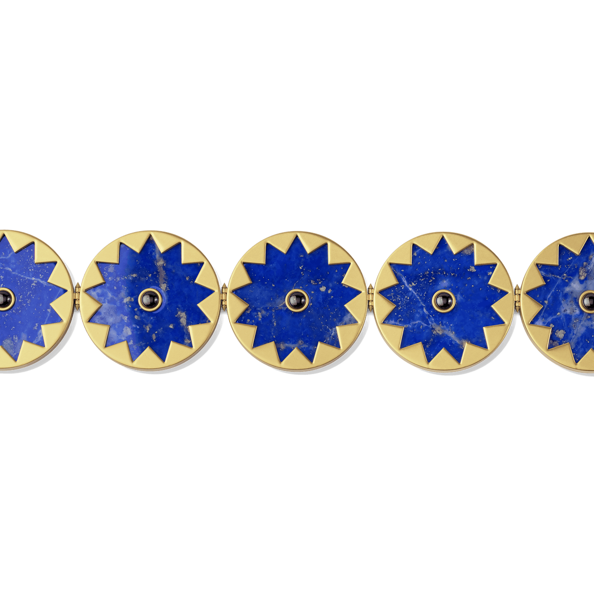 Sunburst Statement Bracelet in 14k gold plate, close-up of a linked lapis sun with its black onyx center