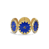 Sunburst Statement Bracelet in 14k gold plate with linked lapis suns and black onyx centers, front view