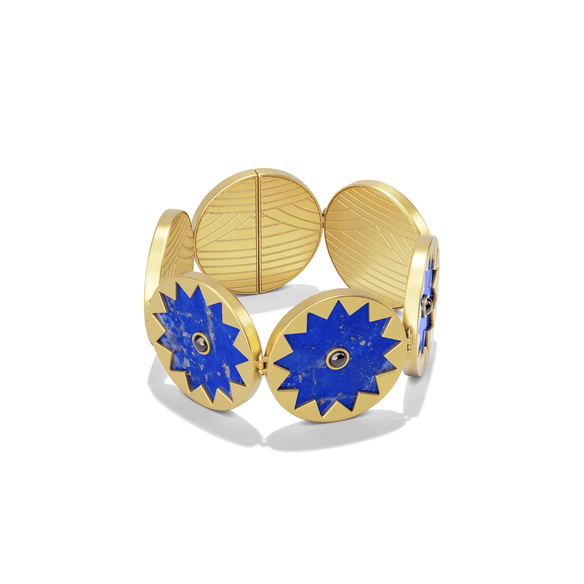 Sunburst Statement Bracelet in 14k gold plate with linked lapis suns and black onyx centers, three-quarter view