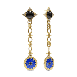 Sunburst Drop Earrings in 14k gold plate with a black onyx and white sapphire star stud and a lapis sun drop on a spiked link chain, three-quarter view #color_14k Gold Plated Sterling Silver