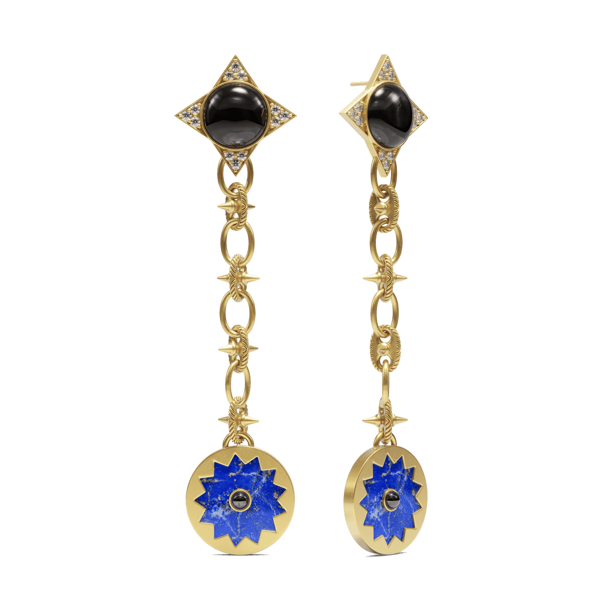 Sunburst Drop Earrings in 14k gold plate with a black onyx and white sapphire star stud and a lapis sun drop on a spiked link chain, three-quarter view #color_14k Gold Plated Sterling Silver