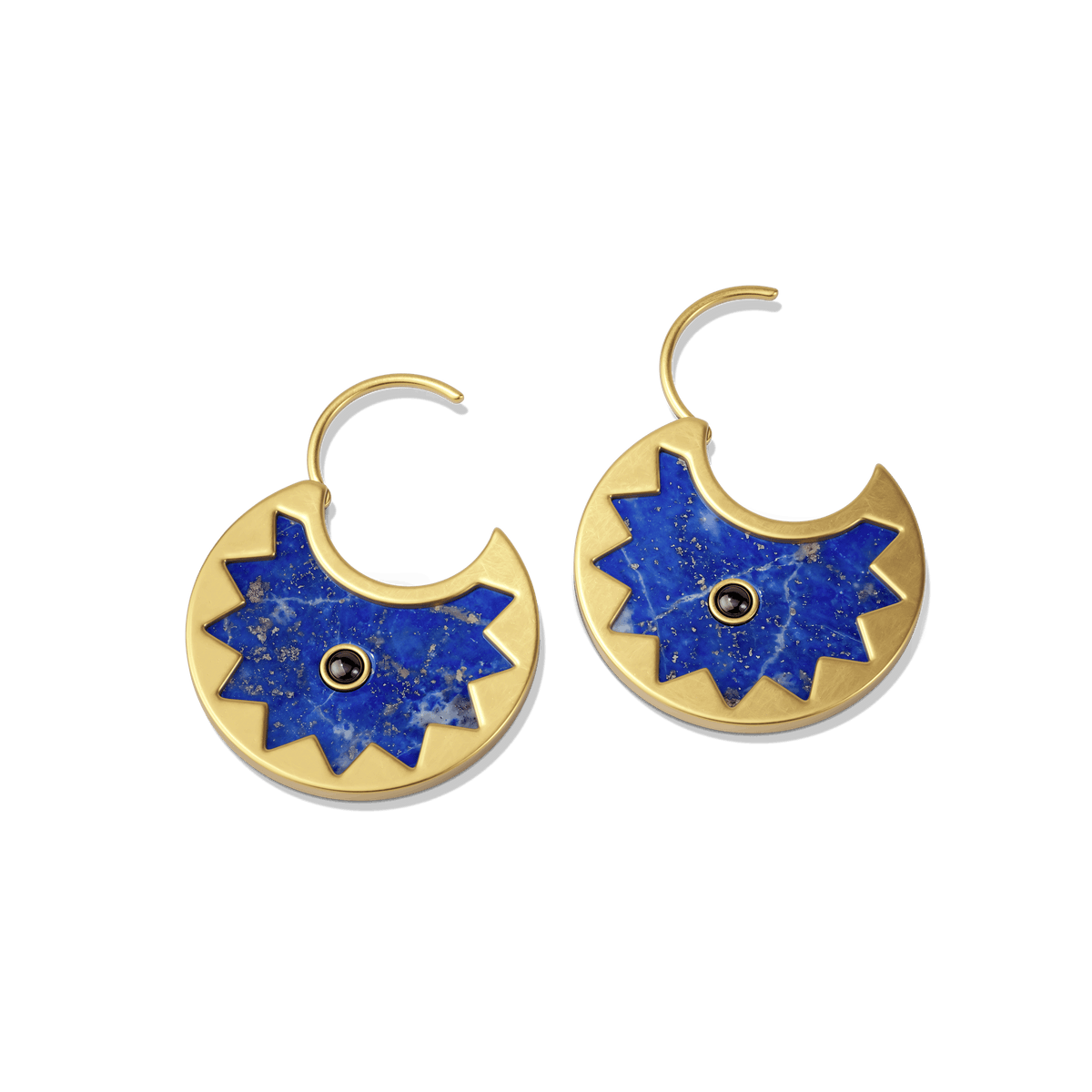 Sunburst Huggie Earrings in 14k gold plate, close-up of the hinged hoop clasp